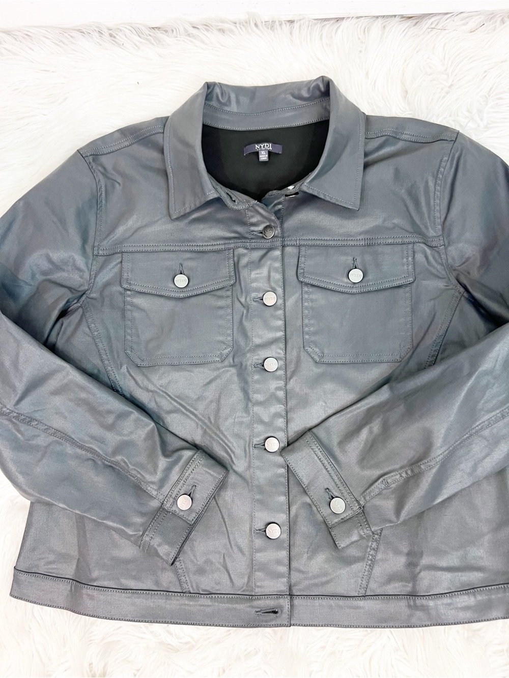 NYDJ GRAY WAXY COATED FABRIC BUTTON FRONT JACKET SZ XL
